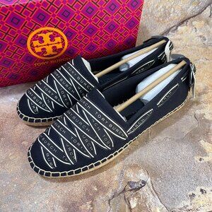 NWB Tory Burch Tory Ribbon Herringbone Espadrille in Perfect Navy/New Ivory